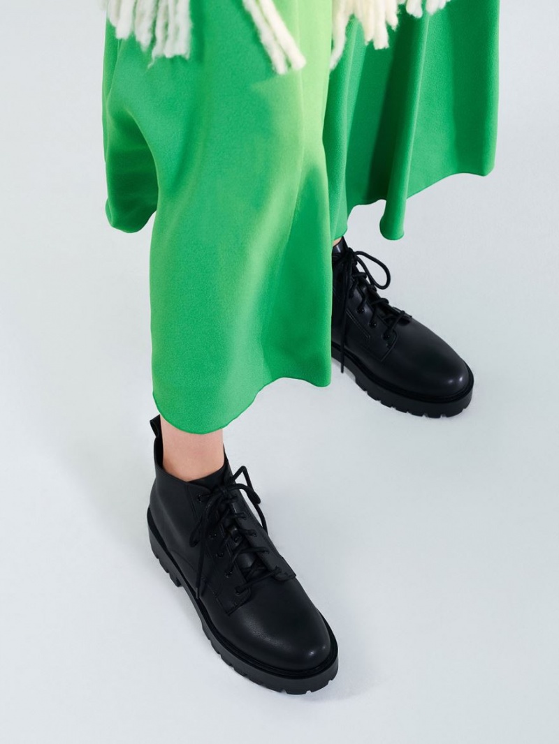 Μποτακια Charles And Keith δαντελα-Up Χοντρός μαυρα | 48092-ZPUF