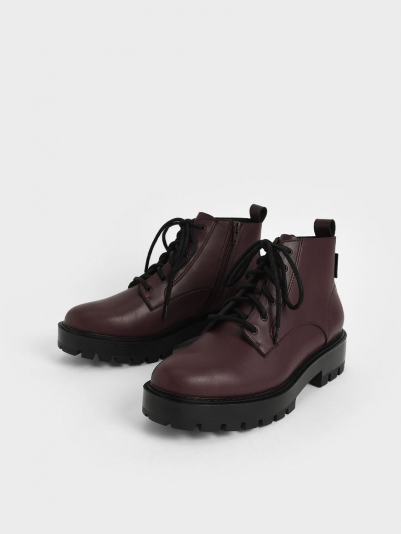 Μποτακια Charles And Keith δαντελα-Up Χοντρός μπορντο | 87492-YOSE