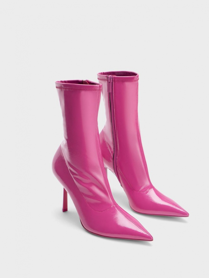Μποτακια Charles And Keith λουστρινι Crinkle-Effect Pointed-toe Stiletto Heel φουξια | 67059-HXYG
