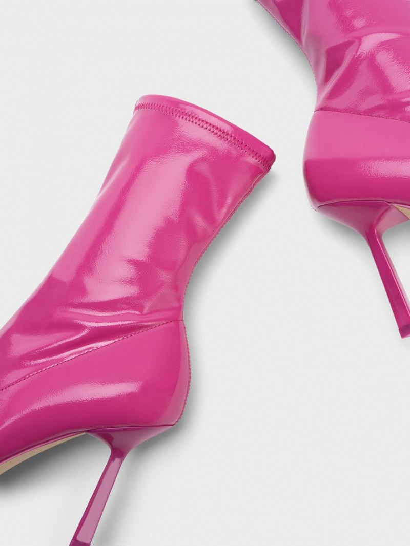 Μποτακια Charles And Keith λουστρινι Crinkle-Effect Pointed-toe Stiletto Heel φουξια | 67059-HXYG