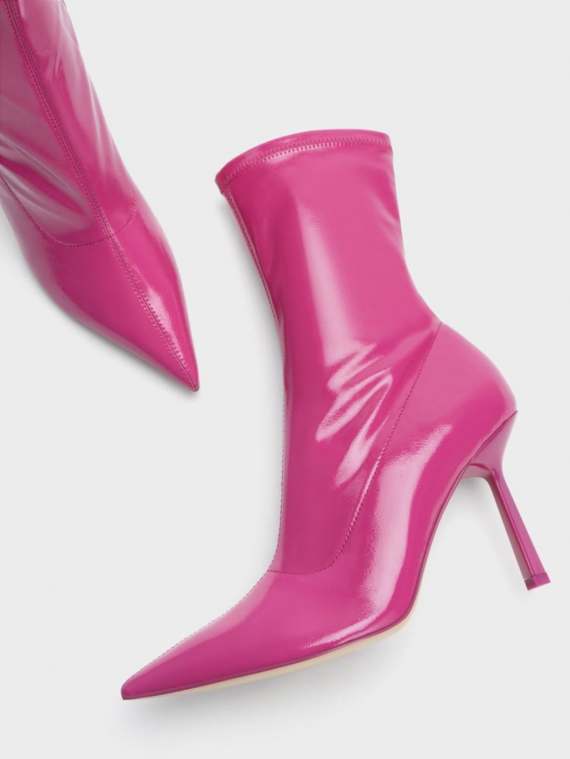 Μποτακια Charles And Keith λουστρινι Crinkle-Effect Pointed-toe Stiletto Heel φουξια | 67059-HXYG