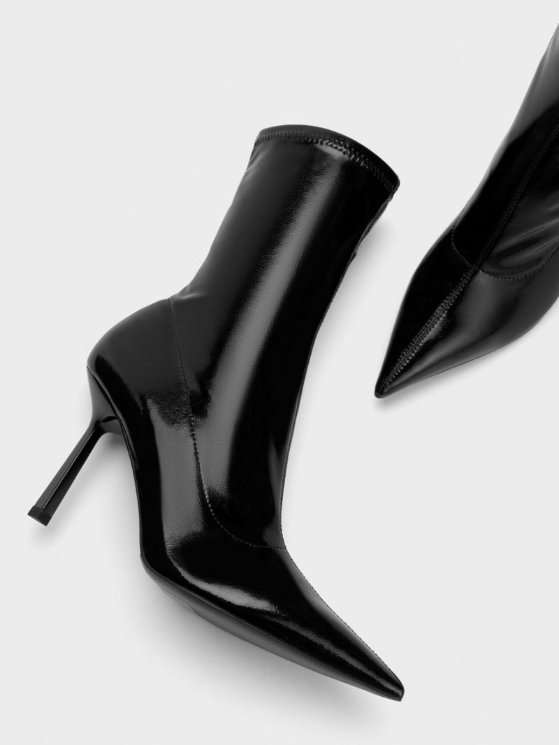 Μποτακια Charles And Keith λουστρινι Crinkle-Effect Pointed-toe Stiletto Heel μαυρα | 15947-WBGL