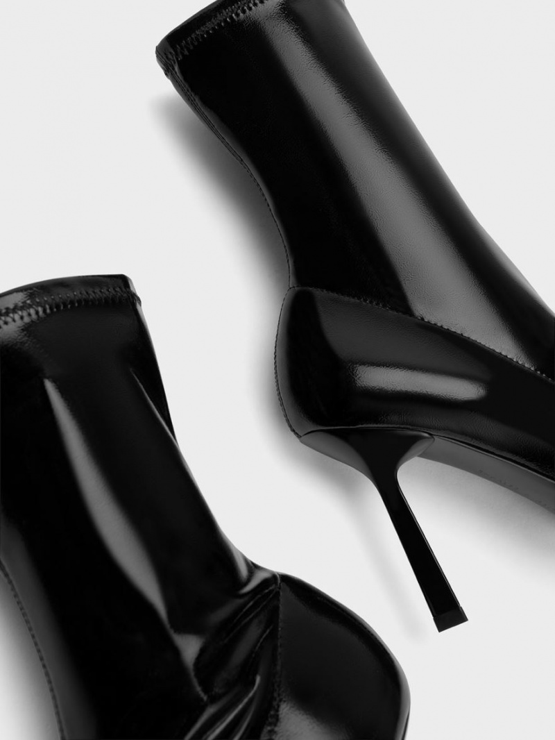 Μποτακια Charles And Keith λουστρινι Crinkle-Effect Pointed-toe Stiletto Heel μαυρα | 15947-WBGL