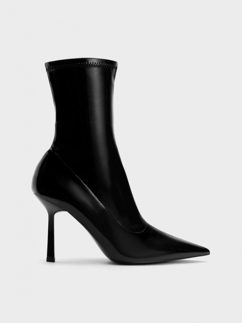 Μποτακια Charles And Keith λουστρινι Crinkle-Effect Pointed-toe Stiletto Heel μαυρα | 15947-WBGL