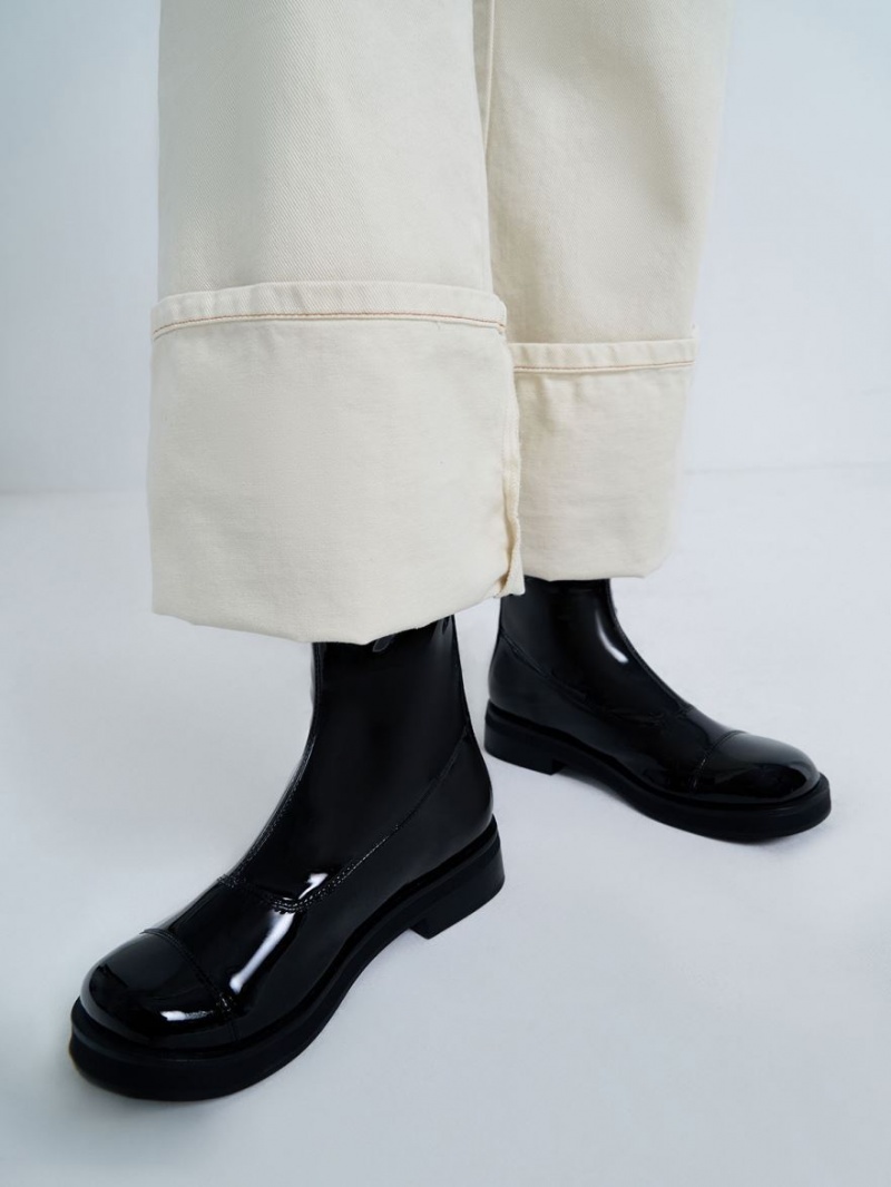 Μποτακια Charles And Keith λουστρινι Round toe Zip-Up μαυρα | 04762-DNWM