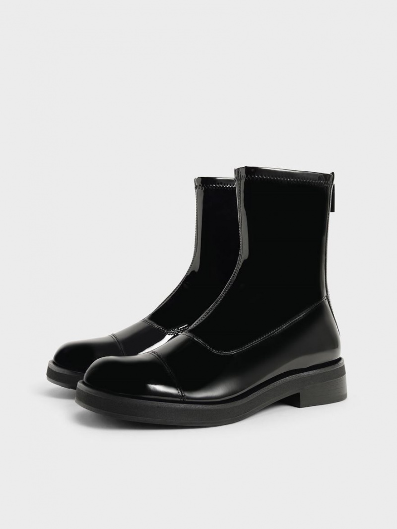 Μποτακια Charles And Keith λουστρινι Round toe Zip-Up μαυρα | 04762-DNWM