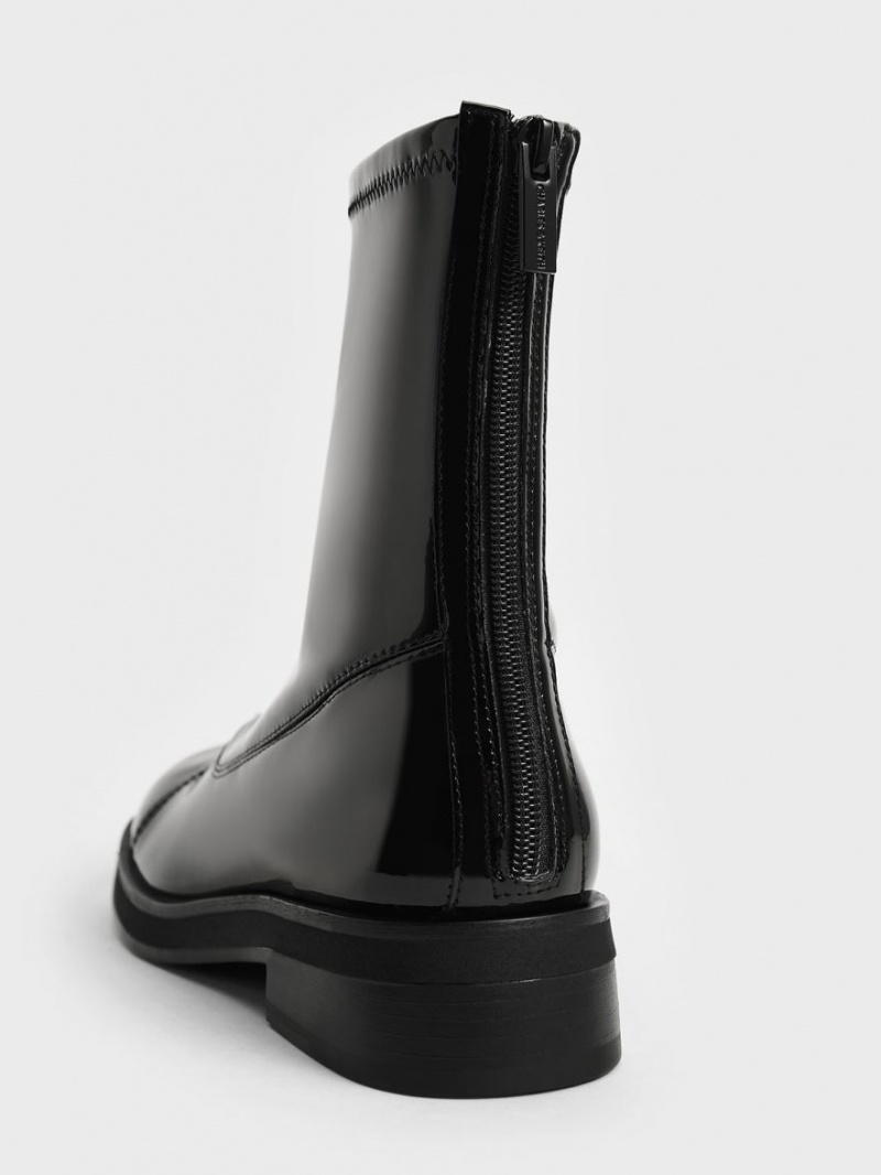 Μποτακια Charles And Keith λουστρινι Round toe Zip-Up μαυρα | 04762-DNWM