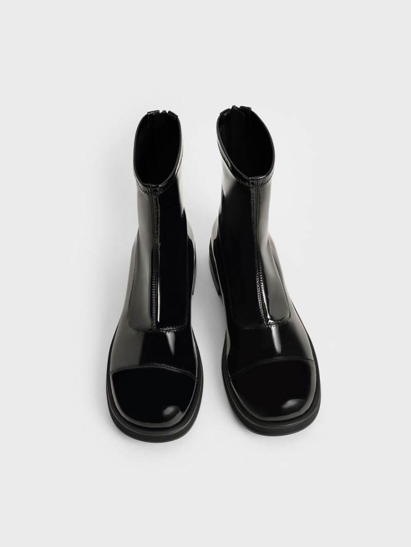 Μποτακια Charles And Keith λουστρινι Round toe Zip-Up μαυρα | 04762-DNWM