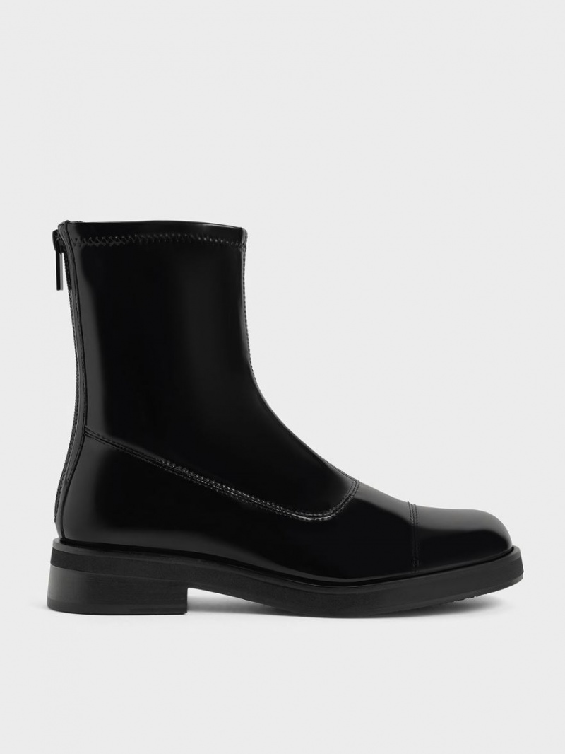 Μποτακια Charles And Keith λουστρινι Round toe Zip-Up μαυρα | 04762-DNWM