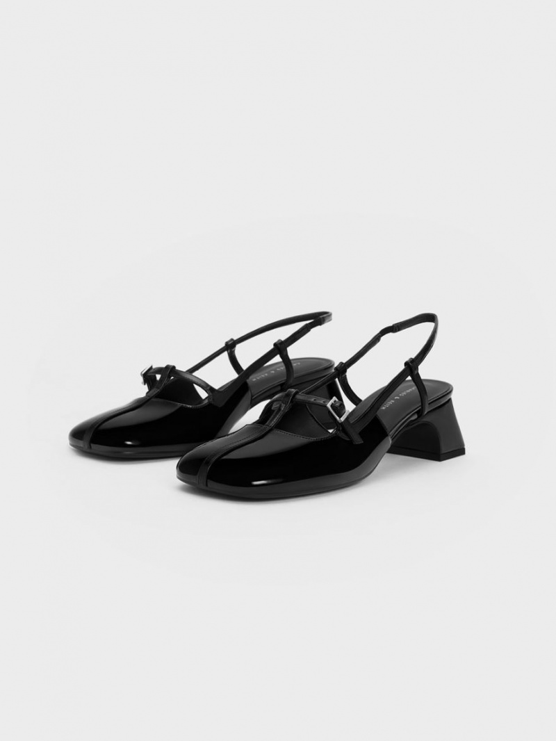 Γοβεσ Charles And Keith λουστρινι T-Bar Slingback μαυρα | 41376-RHKV