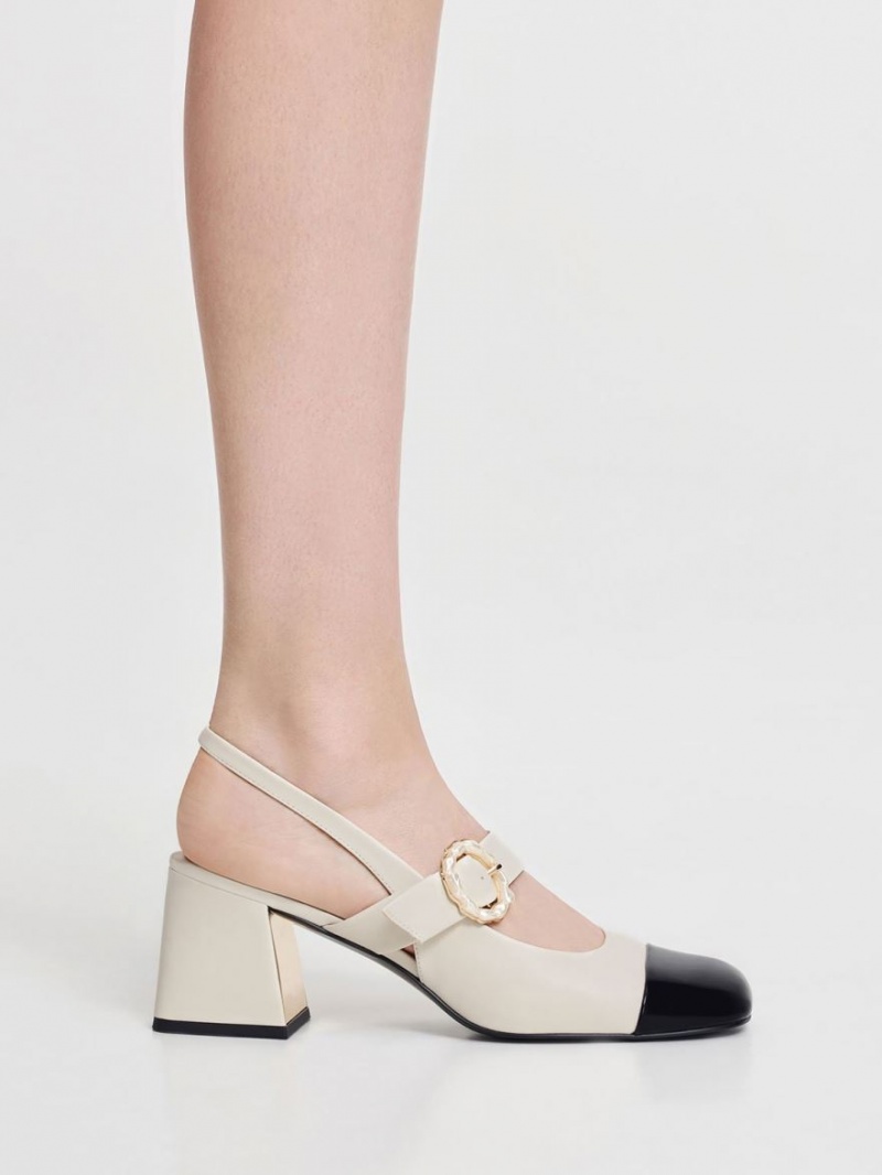 Γοβεσ Charles And Keith λουστρινι Two-Tone Pearl πόρπης Slingback ασπρα | 15904-KWDQ