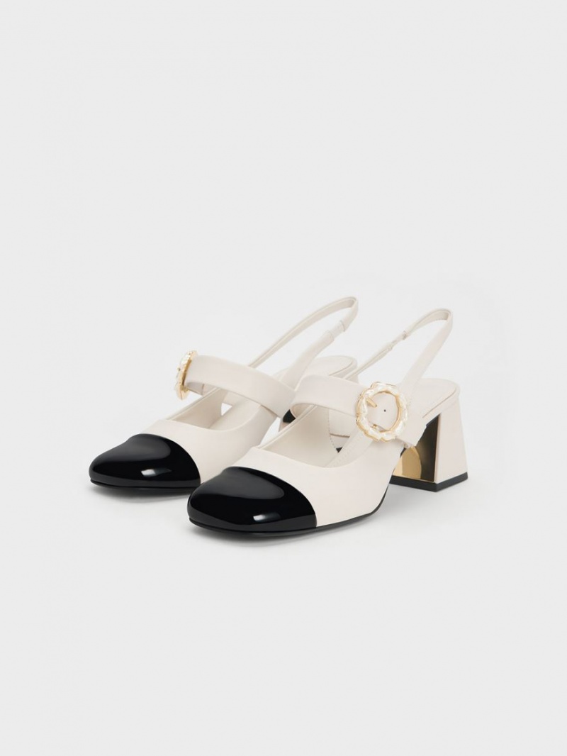 Γοβεσ Charles And Keith λουστρινι Two-Tone Pearl πόρπης Slingback ασπρα | 15904-KWDQ
