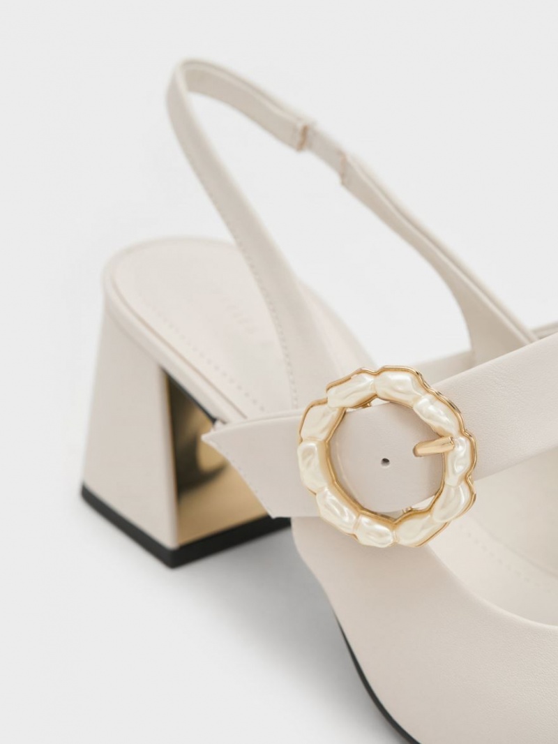 Γοβεσ Charles And Keith λουστρινι Two-Tone Pearl πόρπης Slingback ασπρα | 15904-KWDQ