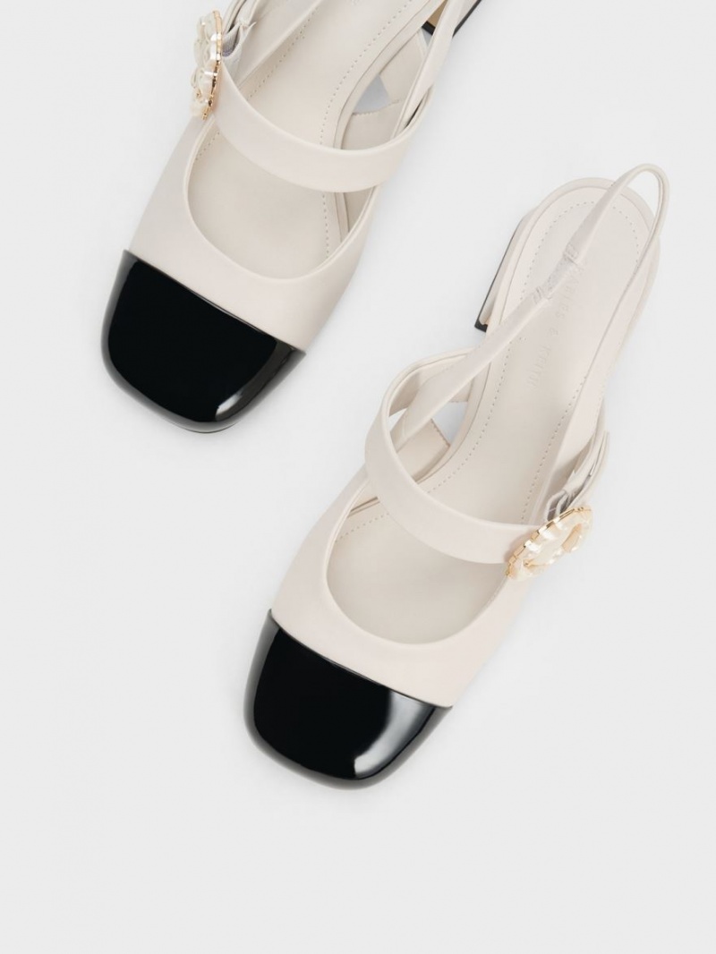 Γοβεσ Charles And Keith λουστρινι Two-Tone Pearl πόρπης Slingback ασπρα | 15904-KWDQ