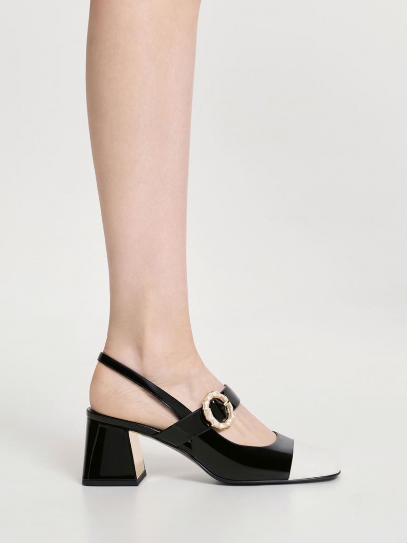 Γοβεσ Charles And Keith λουστρινι Two-Tone Pearl πόρπης Slingback μαυρα | 36729-ATLM