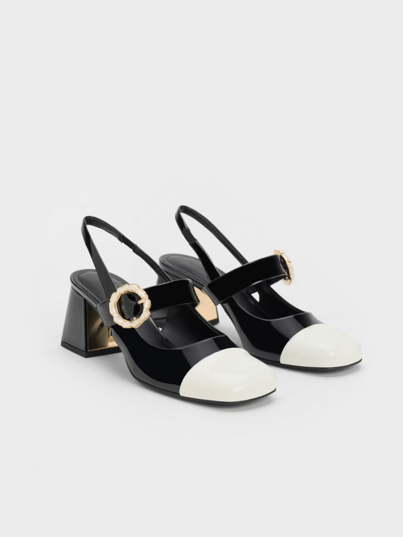 Γοβεσ Charles And Keith λουστρινι Two-Tone Pearl πόρπης Slingback μαυρα | 36729-ATLM