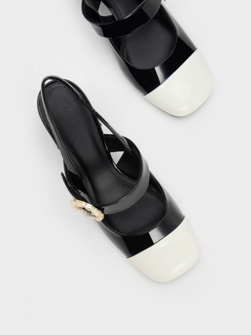 Γοβεσ Charles And Keith λουστρινι Two-Tone Pearl πόρπης Slingback μαυρα | 36729-ATLM