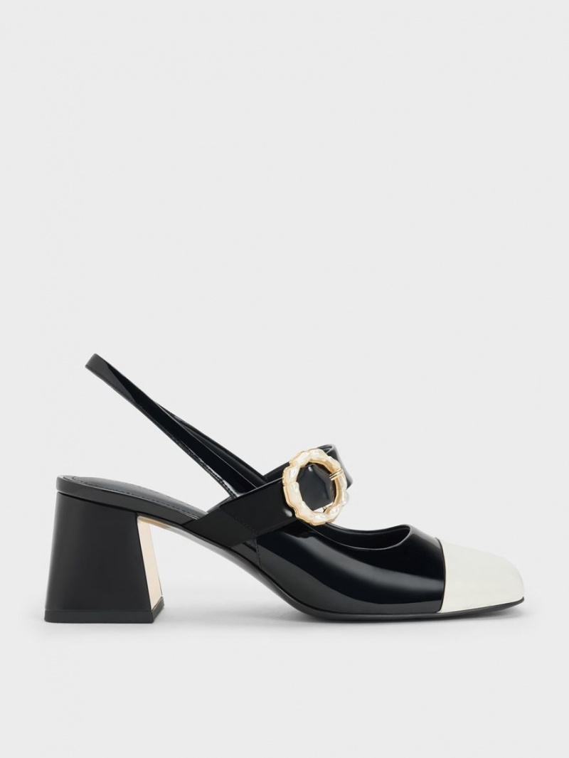 Γοβεσ Charles And Keith λουστρινι Two-Tone Pearl πόρπης Slingback μαυρα | 36729-ATLM