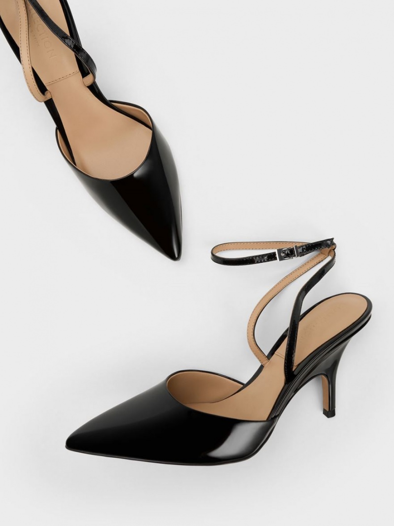 Γοβεσ Charles And Keith λουστρινι δερματινα Ankle λουρακια μαυρα | 68102-NRDE