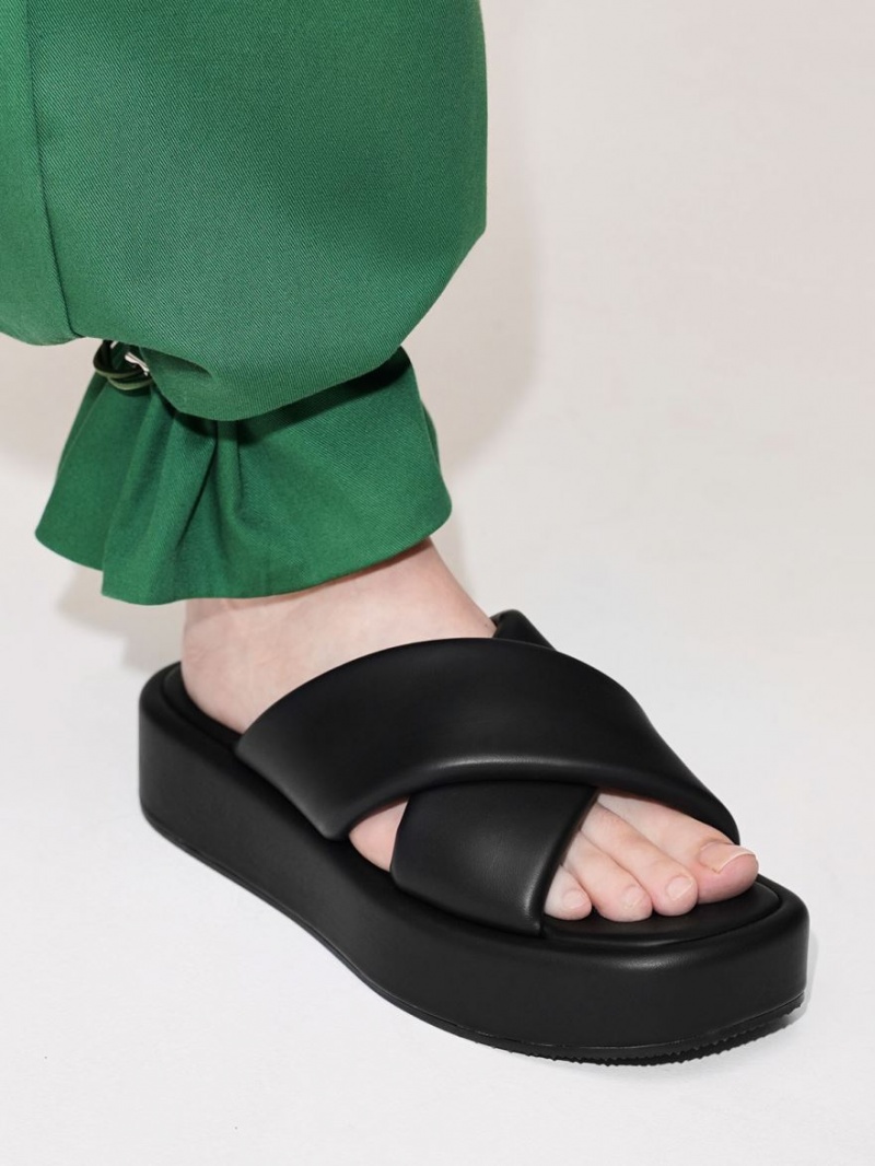 Σαγιοναρεσ Charles And Keith Με Επένδυση Crossover Flatforms μαυρα | 36805-WQPS