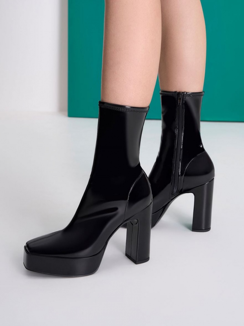 Μποτακια Charles And Keith λουστρινι flatforms Block Heel μαυρα | 40126-XNFV