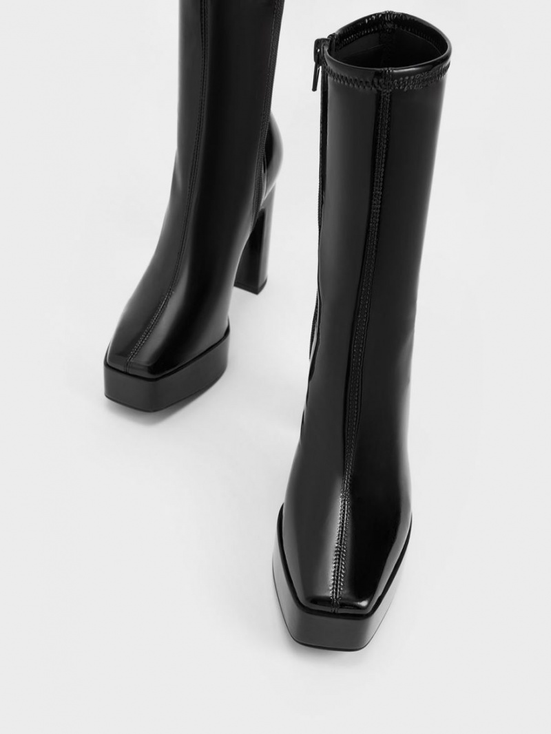Μποτακια Charles And Keith λουστρινι flatforms Block Heel μαυρα | 40126-XNFV