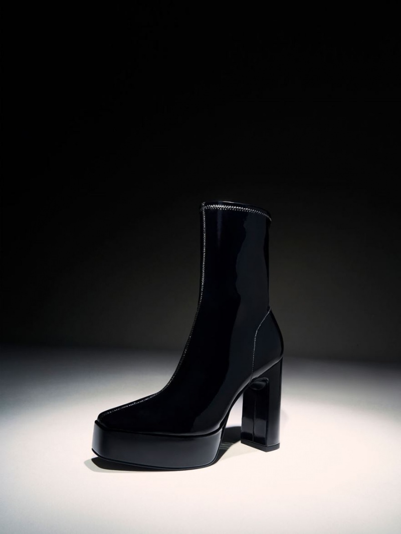 Μποτακια Charles And Keith λουστρινι flatforms Block Heel μαυρα | 40126-XNFV