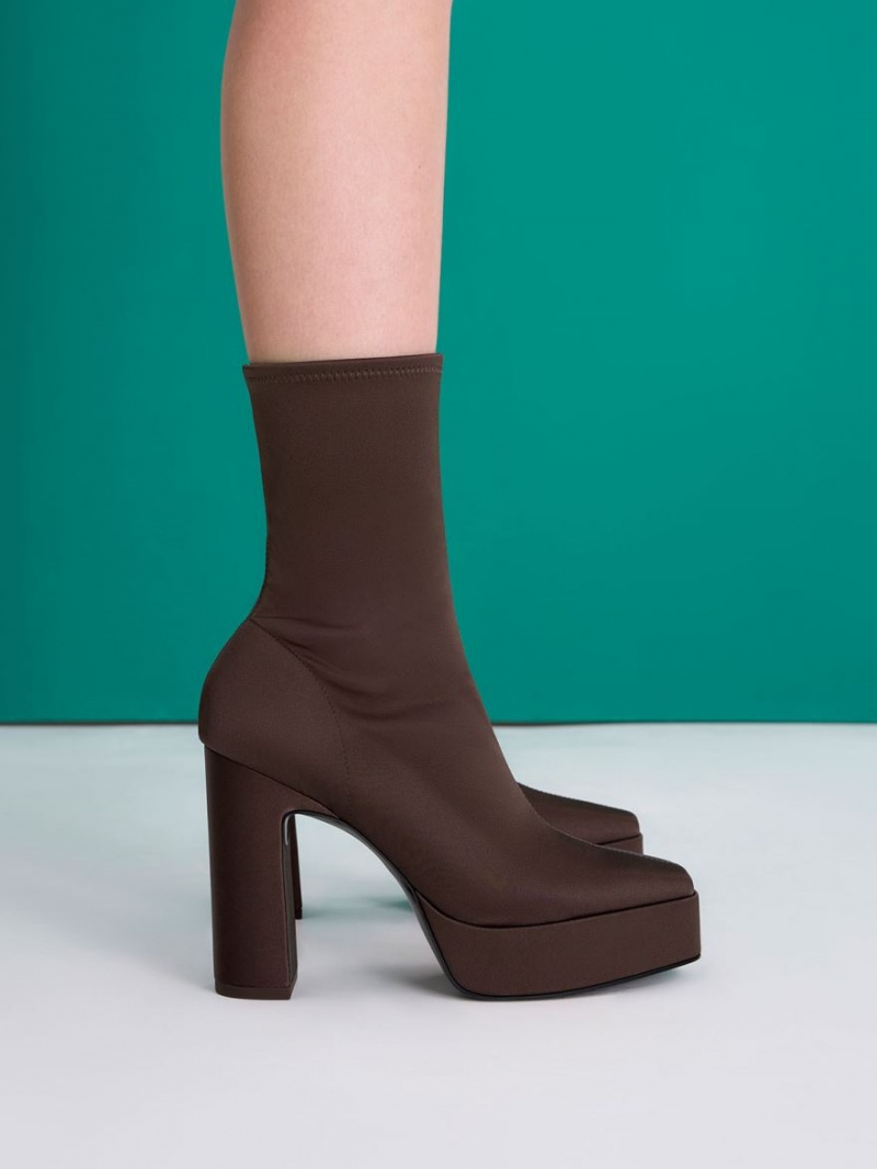 Μποτακια Charles And Keith flatforms Block Heel σκούρο καφε | 68472-QZPD