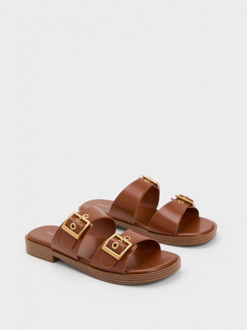 Σανδάλια Slide Charles And Keith Buckled Double λουρακια καφε | 16405-MAHD