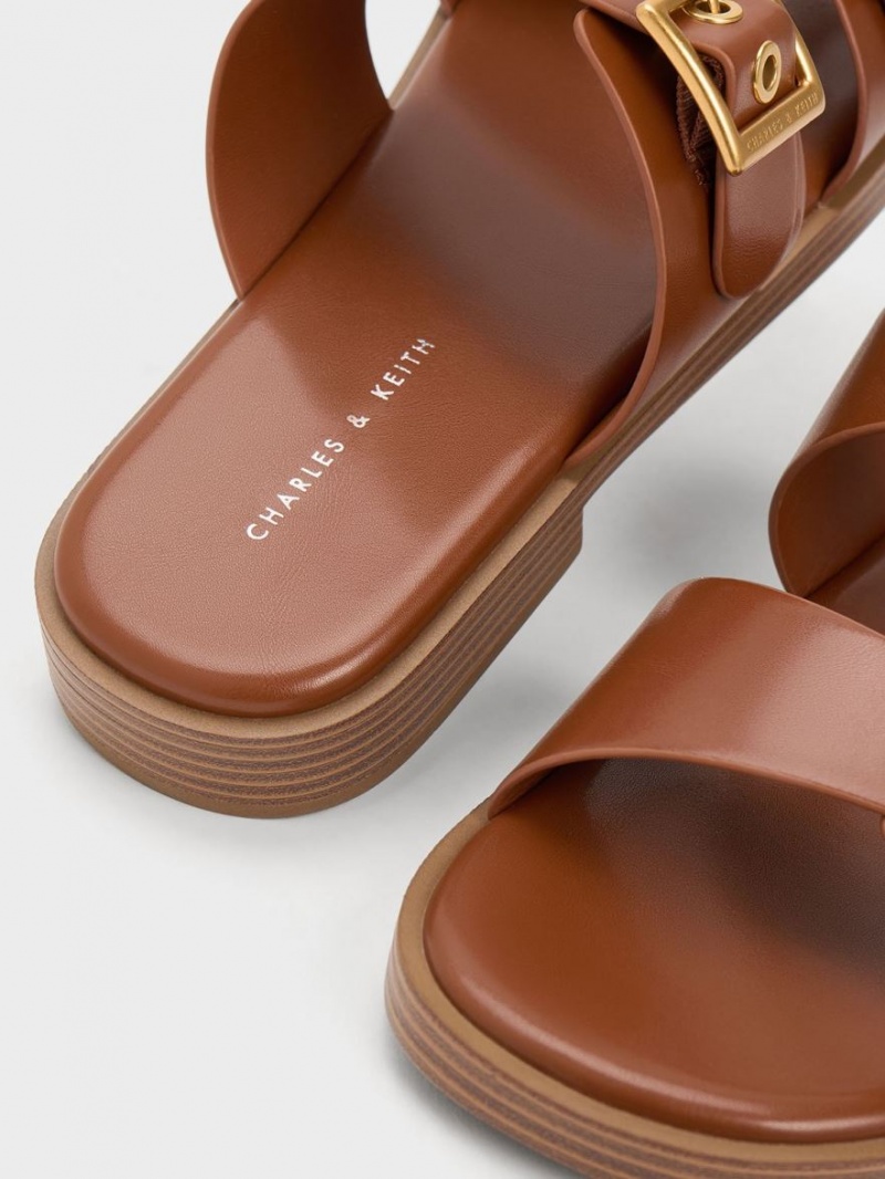 Σανδάλια Slide Charles And Keith Buckled Double λουρακια καφε | 16405-MAHD