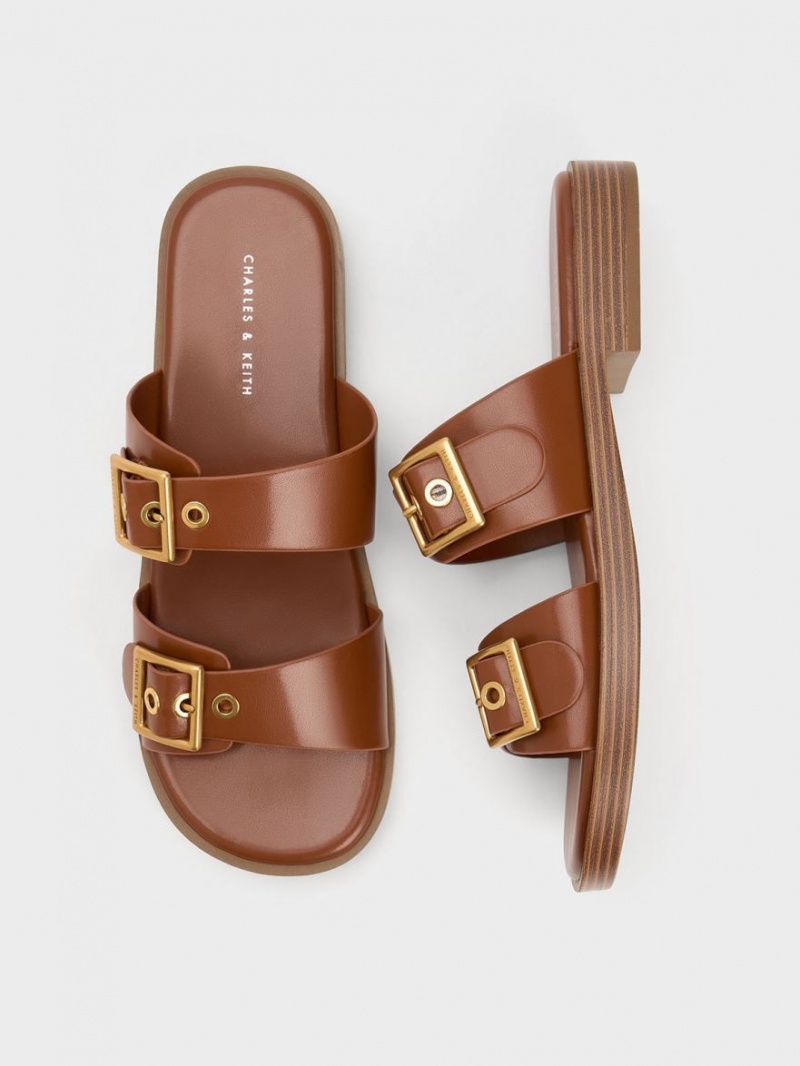 Σανδάλια Slide Charles And Keith Buckled Double λουρακια καφε | 16405-MAHD