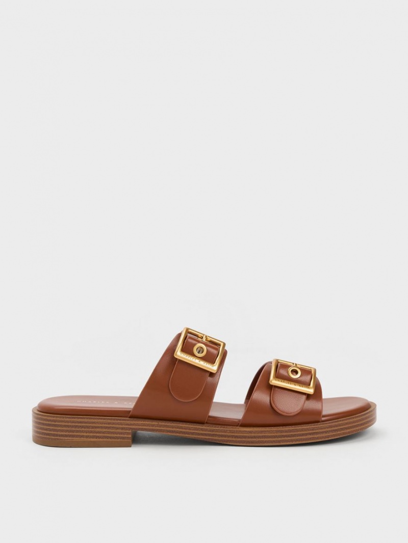Σανδάλια Slide Charles And Keith Buckled Double λουρακια καφε | 16405-MAHD