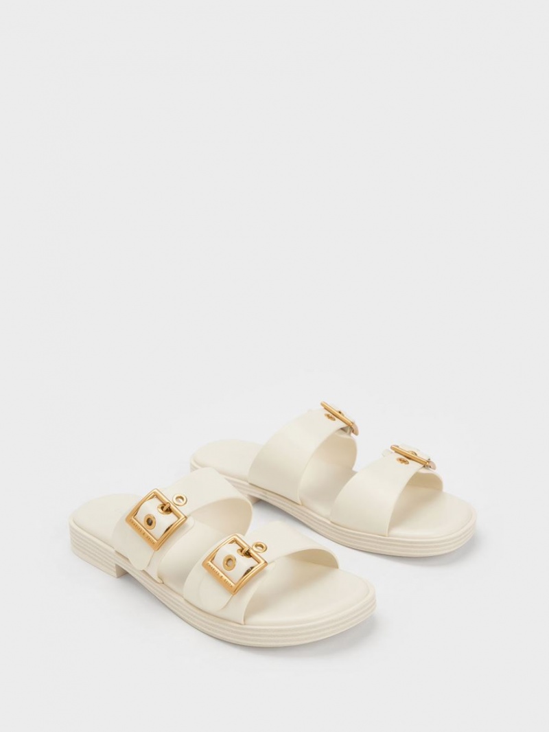 Σανδάλια Slide Charles And Keith Buckled Double λουρακια ασπρα | 47289-JAZG