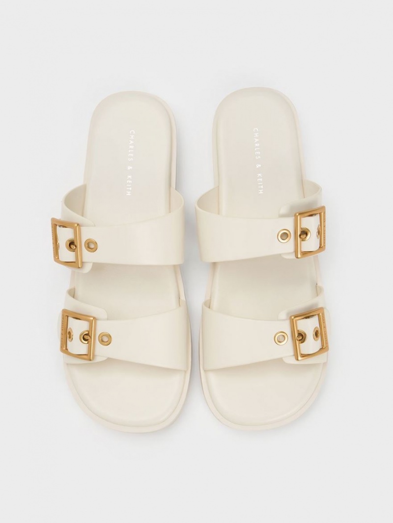 Σανδάλια Slide Charles And Keith Buckled Double λουρακια ασπρα | 47289-JAZG