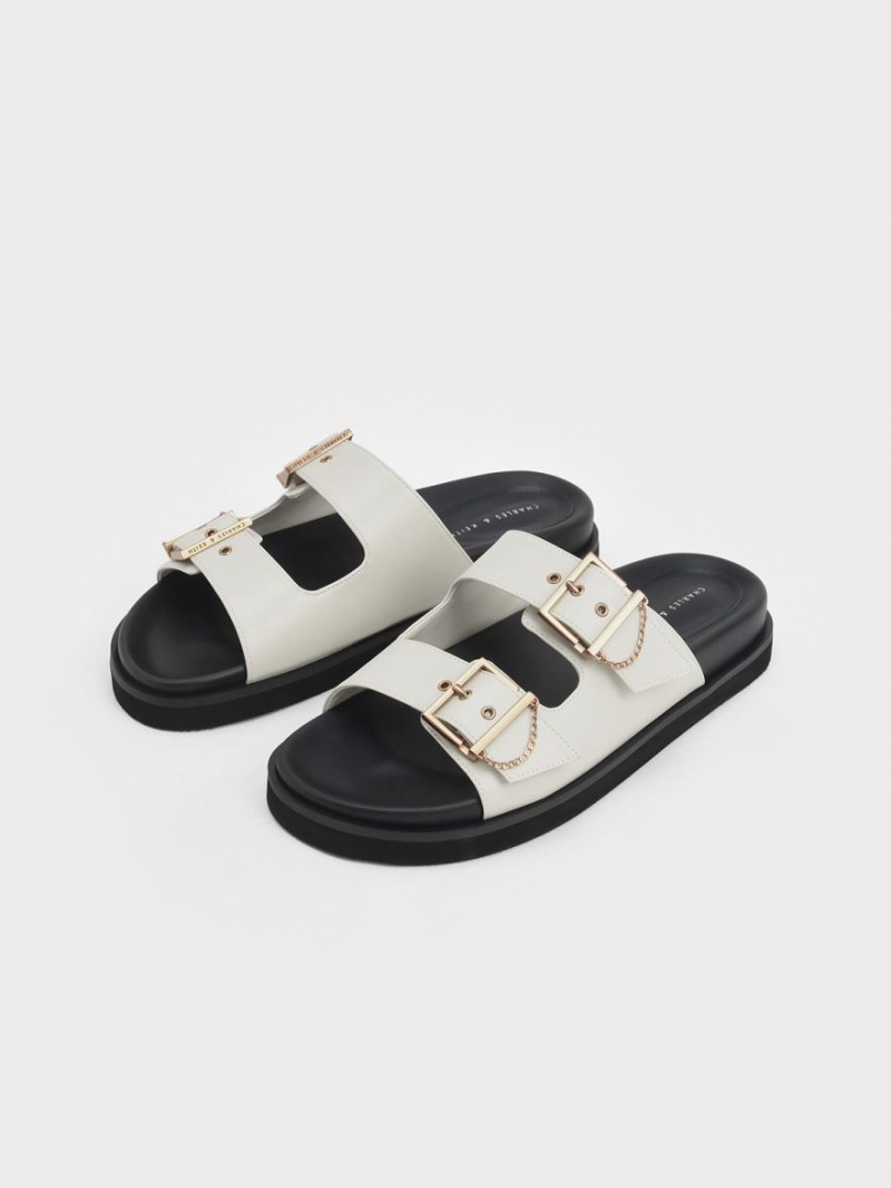 Σανδάλια Slide Charles And Keith Chain-Link Buckled ασπρα | 40257-MRDG