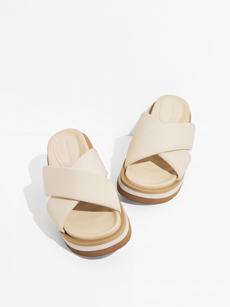 Σανδάλια Slide Charles And Keith Crossover flatforms κρέμα | 94308-FYIO