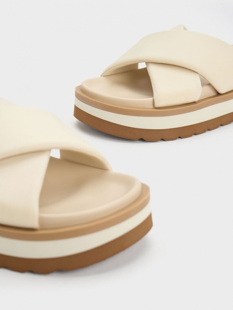 Σανδάλια Slide Charles And Keith Crossover flatforms κρέμα | 94308-FYIO