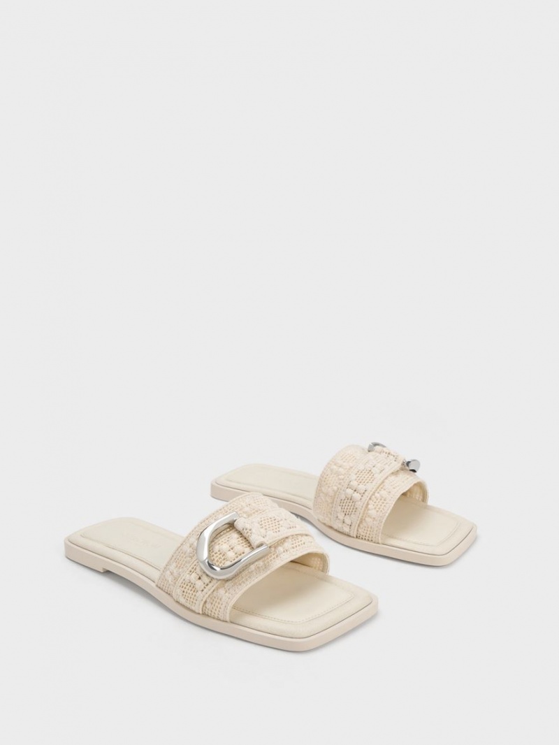 Σανδάλια Slide Charles And Keith Gabine Crochet & Mesh κρέμα | 95628-WLGA