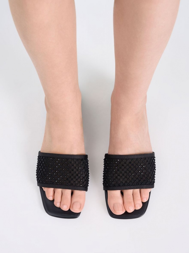 Σανδάλια Slide Charles And Keith Gem-Encrusted Mesh μαυρα | 80496-LKFW