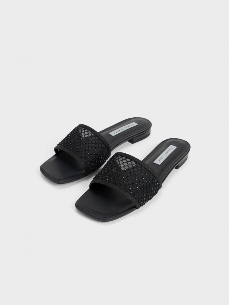 Σανδάλια Slide Charles And Keith Gem-Encrusted Mesh μαυρα | 80496-LKFW