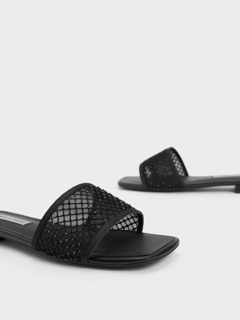 Σανδάλια Slide Charles And Keith Gem-Encrusted Mesh μαυρα | 80496-LKFW
