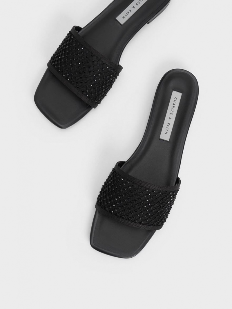 Σανδάλια Slide Charles And Keith Gem-Encrusted Mesh μαυρα | 80496-LKFW