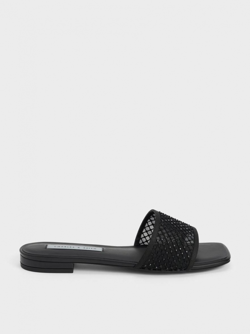 Σανδάλια Slide Charles And Keith Gem-Encrusted Mesh μαυρα | 80496-LKFW
