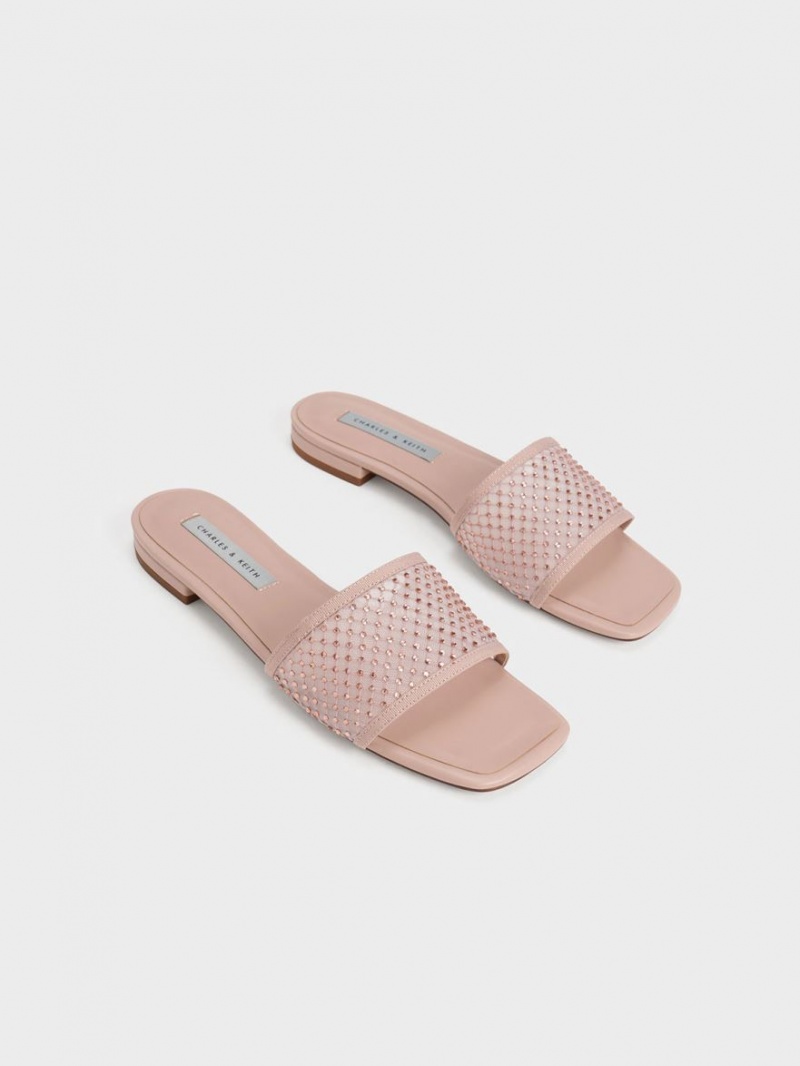 Σανδάλια Slide Charles And Keith Gem-Encrusted Mesh Μπεζ | 41062-KNAY