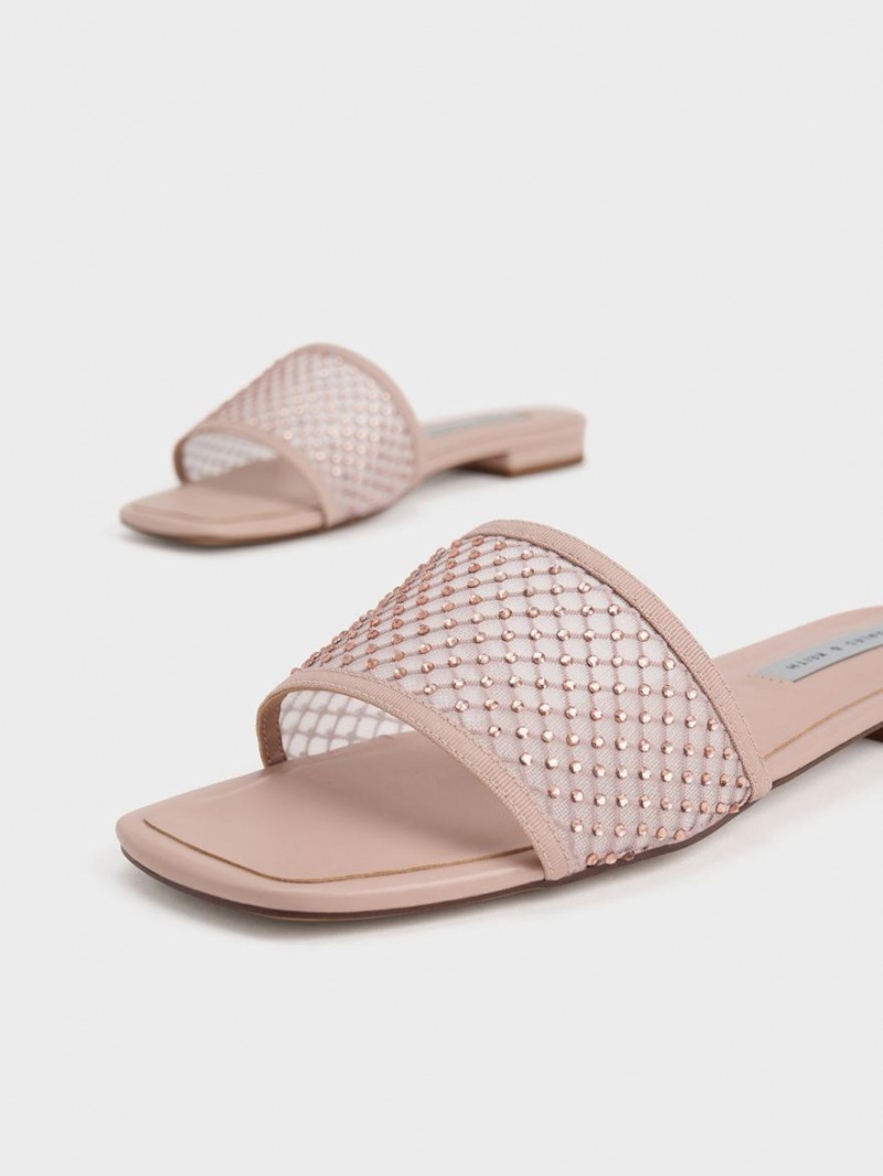 Σανδάλια Slide Charles And Keith Gem-Encrusted Mesh Μπεζ | 41062-KNAY