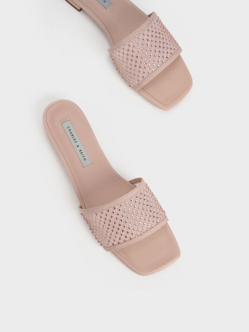 Σανδάλια Slide Charles And Keith Gem-Encrusted Mesh Μπεζ | 41062-KNAY