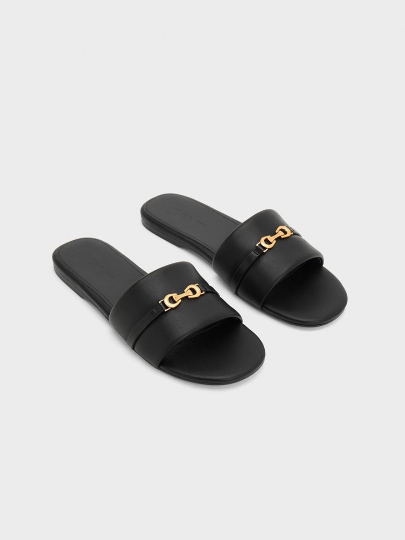 Σανδάλια Slide Charles And Keith Metallic Accent Round-toe μαυρα | 27695-GBAR