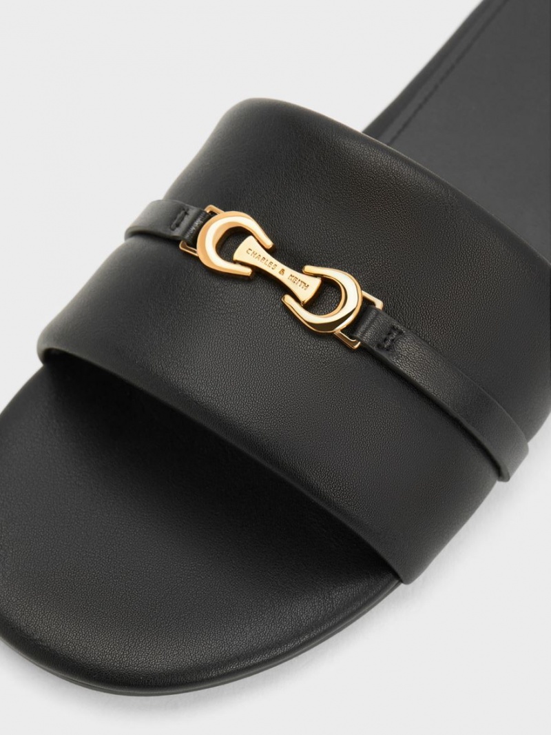 Σανδάλια Slide Charles And Keith Metallic Accent Round-toe μαυρα | 27695-GBAR