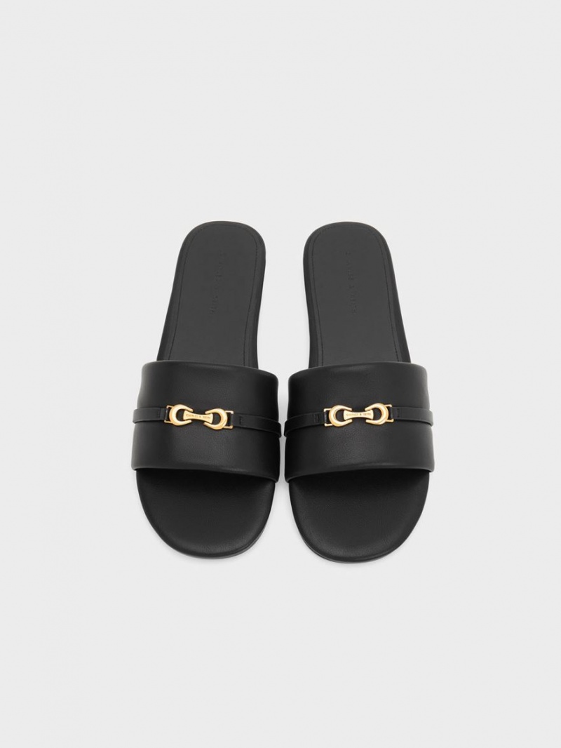 Σανδάλια Slide Charles And Keith Metallic Accent Round-toe μαυρα | 27695-GBAR