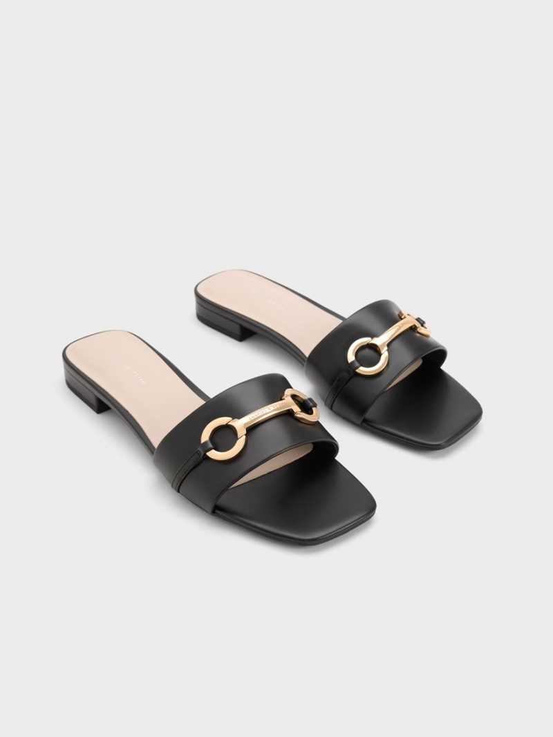 Σανδάλια Slide Charles And Keith Metallic Bar μαυρα | 24019-NYAH